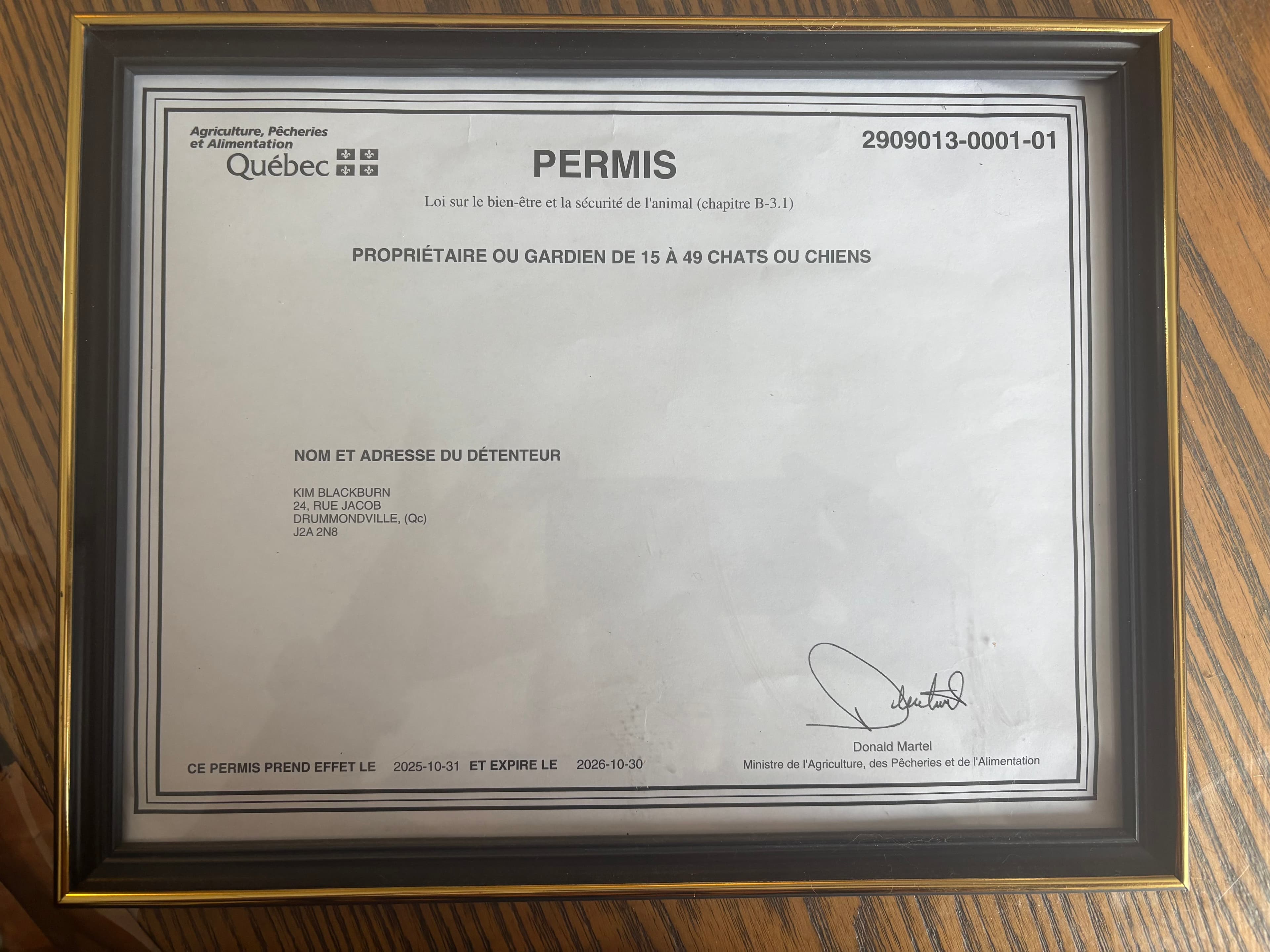 Permis du ministère du Québec, de l'alimentation, de l'agriculture et des pêcheries - Certificat 1